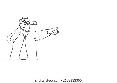 Continuous one line drawing of Young Man looking through with binocular. Single line drawing illustration of Male Enjoy looking for beauty. Finding concept vector art. Doodle line illustration.
