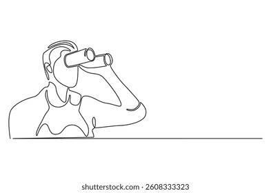Continuous one line drawing of Young Man looking through with binocular. Single line drawing illustration of Male Enjoy looking for beauty. Finding concept vector art. Doodle line illustration.