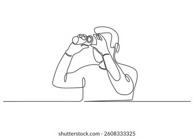 Continuous one line drawing of Young Man looking through with binocular. Single line drawing illustration of Male Enjoy looking for beauty. Finding concept vector art. Doodle line illustration.