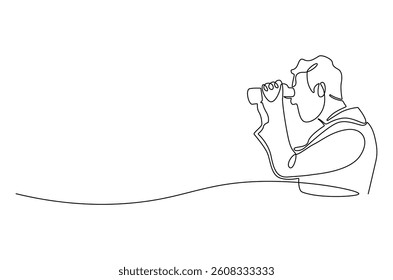 Continuous one line drawing of Young Man looking through with binocular. Single line drawing illustration of Male Enjoy looking for beauty. Finding concept vector art. Doodle line illustration.