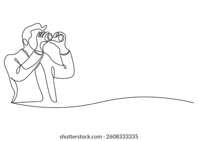 Continuous one line drawing of Young Man looking through with binocular. Single line drawing illustration of Male Enjoy looking for beauty. Finding concept vector art. Doodle line illustration.