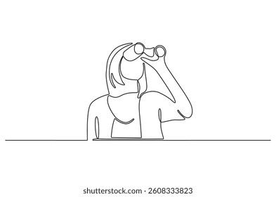 Continuous one line drawing of Young woman looking through with binocular. Single line drawing illustration of female Enjoy looking for beauty. Search concept vector art. Doodle line illustration.