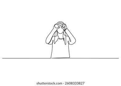 Continuous one line drawing of Young woman looking through with binocular. Single line drawing illustration of female Enjoy looking for beauty. Search concept vector art. Doodle line illustration.