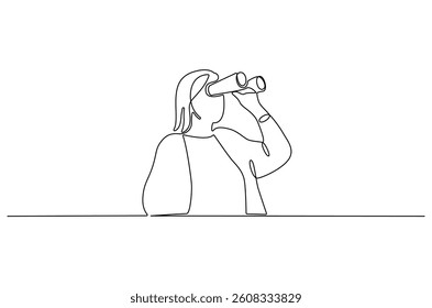 Continuous one line drawing of Young woman looking through with binocular. Single line drawing illustration of female Enjoy looking for beauty. Search concept vector art. Doodle line illustration.