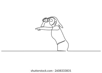 Continuous one line drawing of Young woman looking through with binocular. Single line drawing illustration of female Enjoy looking for beauty. Search concept vector art. Doodle line illustration.