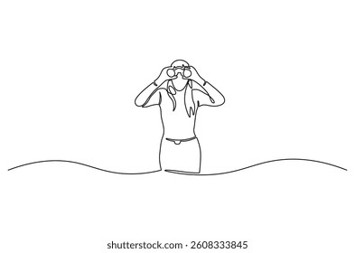 Continuous one line drawing of Young woman looking through with binocular. Single line drawing illustration of female Enjoy looking for beauty. Search concept vector art. Doodle line illustration.