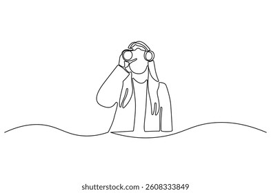 Continuous one line drawing of Young woman looking through with binocular. Single line drawing illustration of female Enjoy looking for beauty. Search concept vector art. Doodle line illustration.