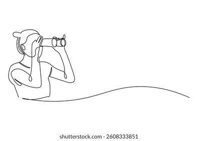 Continuous one line drawing of Young woman looking through with binocular. Single line drawing illustration of female Enjoy looking for beauty. Search concept vector art. Doodle line illustration.