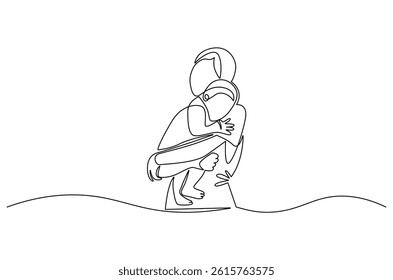 Continuous one line drawing of Young mother hugs her little baby. Single line drawing illustration of Mother hugging baby. Loving mother concept vector art. Doodle line illustration.