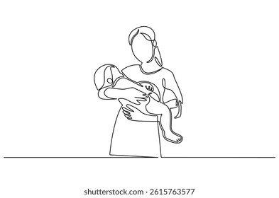 Continuous one line drawing of Young mother hugs her little baby. Single line drawing illustration of Mother hugging baby. Loving mother concept vector art. Doodle line illustration.