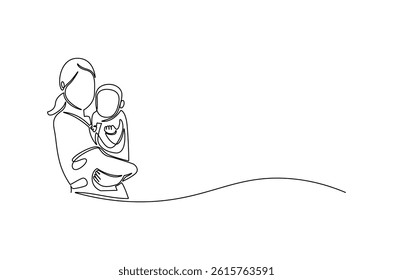 Continuous one line drawing of Young mother hugs her little baby. Single line drawing illustration of Mother hugging baby. Loving mother concept vector art. Doodle line illustration.