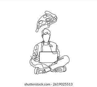 continuous one line drawing of Young man sits with laptop thinking about a pizza, thinking about food. Time to eat. flat vector linear illustration on a white background. Editable stroke