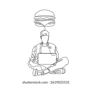 continuous one line drawing of Young man sits with laptop and thinking about a hamburger, thinking about food. Time to eat. flat vector linear illustration on a white background. 	Editable stroke