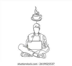 continuous one line drawing of Young man sits with laptop and thinking about a cup of coffee. Coffee time. flat vector linear illustration on a white background. drawing thoughts in a man's head. 