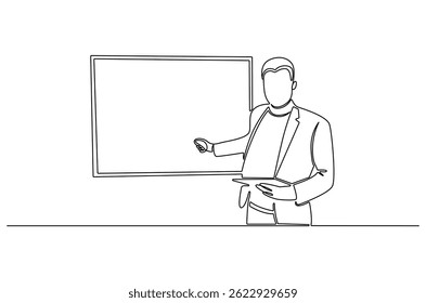 Dibujo continuo de una línea de Young Male presentando su informe en pizarra. Ilustración de dibujo de una sola línea de presentación. Arte vectorial de concepto de estrategia empresarial. Ilustración de línea Doodle.