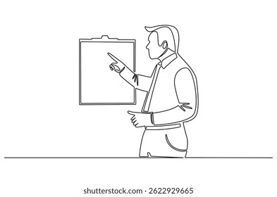 Kontinuierliche einzeilige Zeichnung von Young Male präsentiert seinen Bericht in Whiteboard. Einzeilige Zeichnung der Präsentation. Geschäftsstrategie Konzept, Vektorgrafik. Doodle-Linie Illustration.