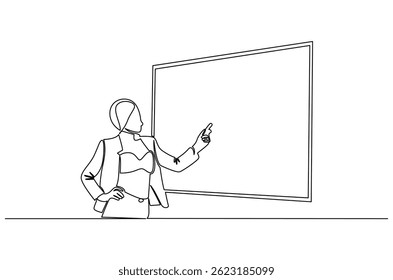 Desenho contínuo de uma linha de Jovem fêmea apresentando seu relatório no quadro branco. Ilustração de desenho de linha única de Womanpreneur. Conceito de estratégia de negócios arte vetorial. Ilustração de linha de doodle.
