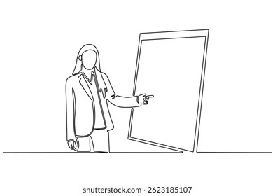 Desenho contínuo de uma linha de Jovem fêmea apresentando seu relatório no quadro branco. Ilustração de desenho de linha única de Womanpreneur. Conceito de estratégia de negócios arte vetorial. Ilustração de linha de doodle.