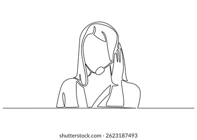 Dibujo continuo de una línea de mujer joven con auriculares. Ilustración de dibujo de una sola línea de agente de centro de llamadas de mujer. Arte vectorial de concepto de Servicio al cliente. ilustración de línea Doodle.