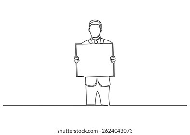 Continuous one line drawing of Young man holding paper poster. Single line drawing illustration of Businessman showing copy space. Blank space concept vector art. Doodle line illustration.