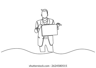 Continuous one line drawing of Young man holding paper poster. Single line drawing illustration of Businessman showing copy space. Blank space concept vector art. Doodle line illustration.