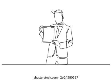 Continuous one line drawing of Young man holding paper poster. Single line drawing illustration of Businessman showing copy space. Blank space concept vector art. Doodle line illustration.