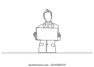 Continuous one line drawing of Young man holding paper poster. Single line drawing illustration of Businessman showing copy space. Blank space concept vector art. Doodle line illustration.