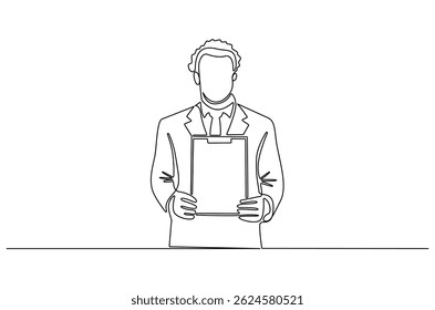 Continuous one line drawing of Young man holding paper poster. Single line drawing illustration of Businessman showing copy space. Blank space concept vector art. Doodle line illustration.