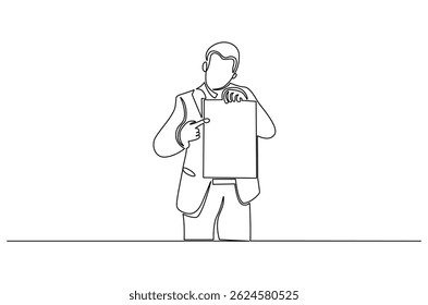 Continuous one line drawing of Young man holding paper poster. Single line drawing illustration of Businessman showing copy space. Blank space concept vector art. Doodle line illustration.