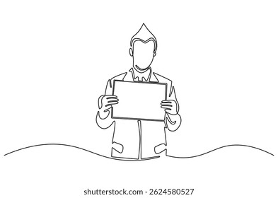 Continuous one line drawing of Young man holding paper poster. Single line drawing illustration of Businessman showing copy space. Blank space concept vector art. Doodle line illustration.