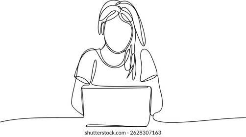 Continuous one line drawing of a young woman sitting at a laptop, relaxed yet focused posture, minimalist black and white illustration


