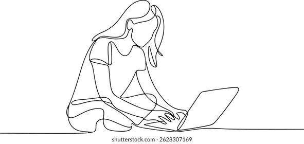 Continuous one line drawing of a young woman sitting at a laptop, relaxed yet focused posture, minimalist black and white illustration


