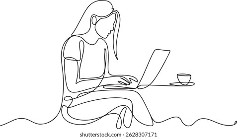 Continuous one line drawing of a young woman sitting at a laptop, relaxed yet focused posture, minimalist black and white illustration

