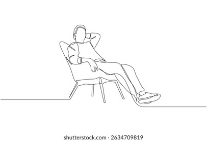 Continuous one line drawing. Young man relaxing in armchair, Young man relaxing in the chair and holding hands behind head. Back view. Vector illustration.