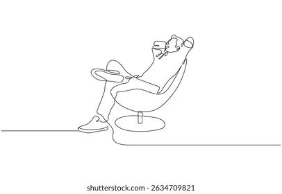 Continuous one line drawing. Young man relaxing in armchair, Young man relaxing in the chair and holding hands behind head. Back view. Vector illustration.