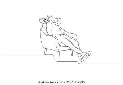 Desenho contínuo de uma linha. Jovem relaxando em poltrona, Jovem relaxando na cadeira e segurando as mãos atrás da cabeça. Vista traseira. Ilustração vetorial.