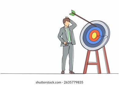 Continuous one line drawing young ambition businessman arrow missed at the target. Failed hit archery target. Business challenge failure metaphor. Single line draw design vector graphic illustration