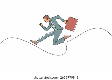 Continuous one line drawing young worker guy jumping to show his success. Business man wearing suit, carrying briefcase is jump from point to point on white background. Single line draw design vector