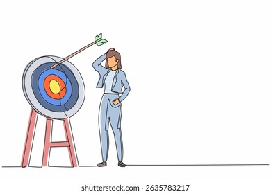 Continuous one line drawing young ambition businesswoman arrow missed at the target. Failed hit archery target. Business challenge failure metaphor. Single line draw design vector graphic illustration