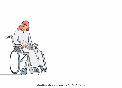 Continuous one line drawing young positive student disabled reads a book while sitting in a wheelchair. Disability Arabian man studying in college. Single line draw design vector graphic illustration