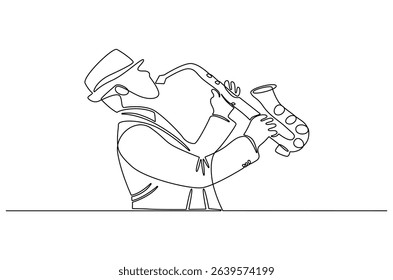 Continuous one line drawing of Young male saxophonist. Single line drawing illustration of musician playing the saxophone. Poster for music event concept vector art. Doodle line illustration.