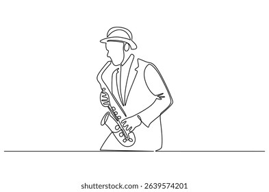 Continuous one line drawing of Young male saxophonist. Single line drawing illustration of musician playing the saxophone. Poster for music event concept vector art. Doodle line illustration.