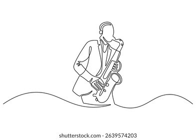 Continuous one line drawing of Young male saxophonist. Single line drawing illustration of musician playing the saxophone. Poster for music event concept vector art. Doodle line illustration.