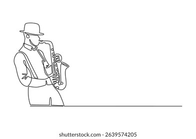 Continuous one line drawing of Young male saxophonist. Single line drawing illustration of musician playing the saxophone. Poster for music event concept vector art. Doodle line illustration.