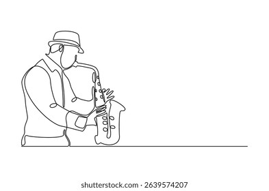 Continuous one line drawing of Young male saxophonist. Single line drawing illustration of musician playing the saxophone. Poster for music event concept vector art. Doodle line illustration.