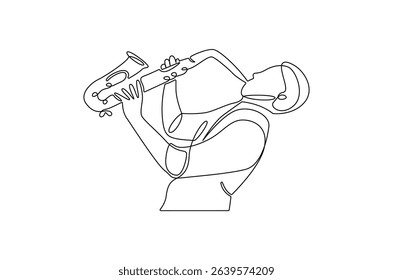 Continuous one line drawing of Young male saxophonist. Single line drawing illustration of musician playing the saxophone. Poster for music event concept vector art. Doodle line illustration.