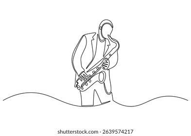 Continuous one line drawing of Young male saxophonist. Single line drawing illustration of musician playing the saxophone. Poster for music event concept vector art. Doodle line illustration.
