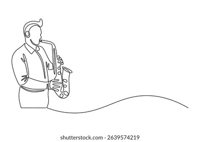 Continuous one line drawing of Young male saxophonist. Single line drawing illustration of musician playing the saxophone. Poster for music event concept vector art. Doodle line illustration.