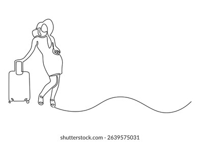 Continuous one line drawing of Young tourist woman with luggage. Single line drawing illustration of Woman with luggage. Tourist girl having holiday trip concept vector art. Doodle line illustration.