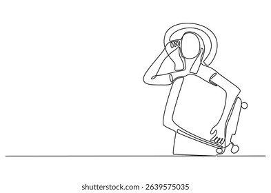 Continuous one line drawing of Young tourist woman with luggage. Single line drawing illustration of Woman with luggage. Tourist girl having holiday trip concept vector art. Doodle line illustration.